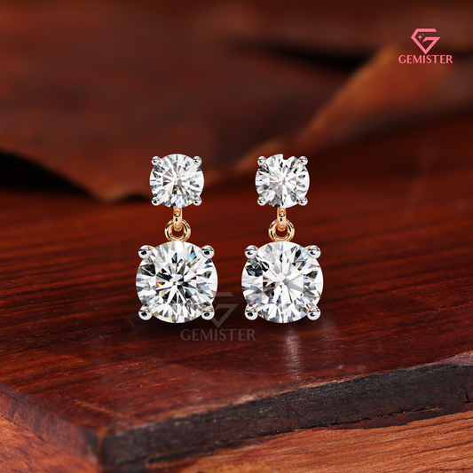 Double-Stone Round Moissanite Drop Earrings | Two-Tone 14K Gold
