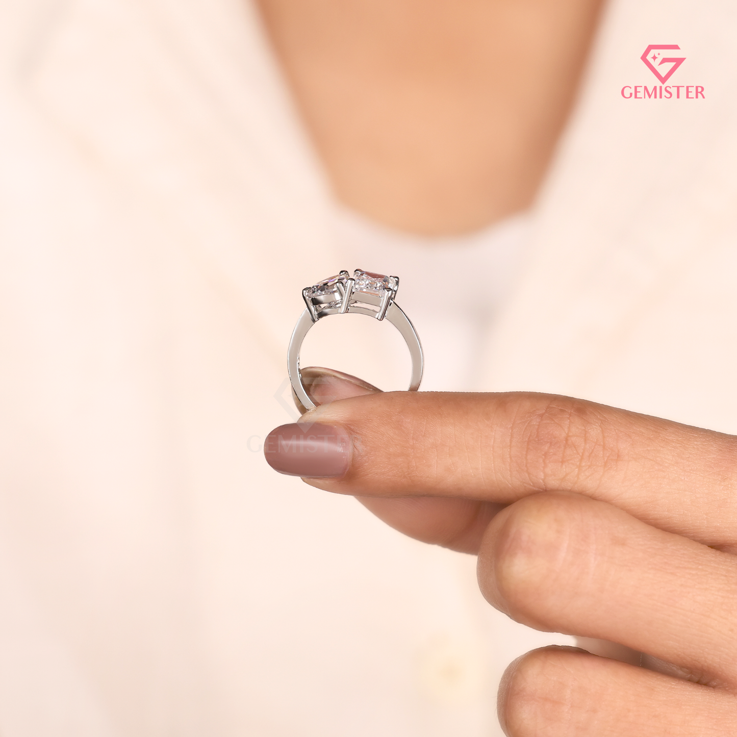 Toi et Moi Emerald and Pear Cut Lab Grown Diamond Engagement Ring in 14K White Gold