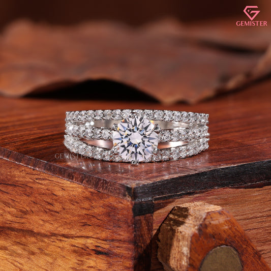 Round Brilliant Cut Diamond Triple Row Statement Ring in 14K White Gold | 3-Band Anniversary Ring for Women