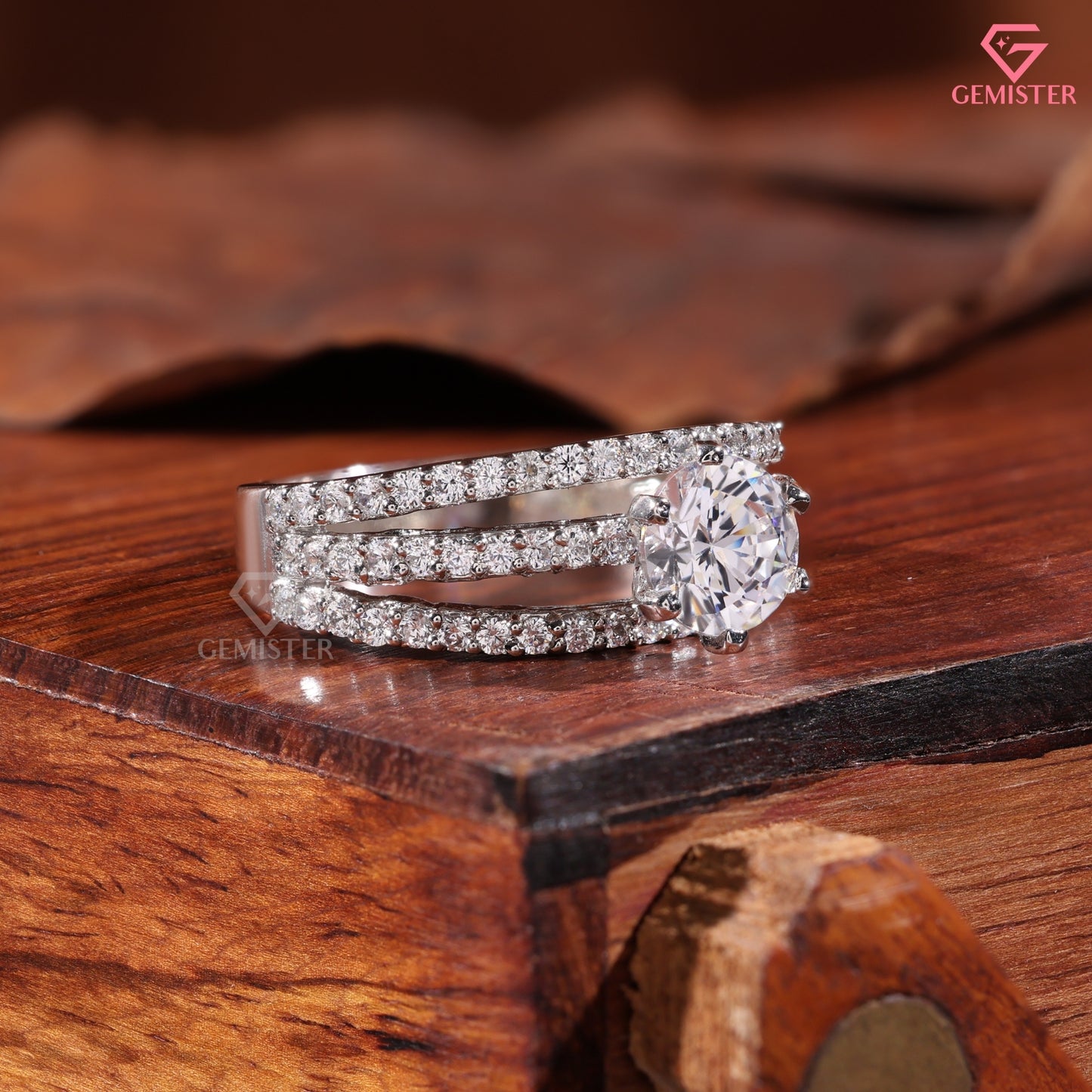 Round Brilliant Cut Diamond Triple Row Statement Ring in 14K White Gold | 3-Band Anniversary Ring for Women