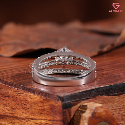 Round Brilliant Cut Diamond Triple Row Statement Ring in 14K White Gold | 3-Band Anniversary Ring for Women