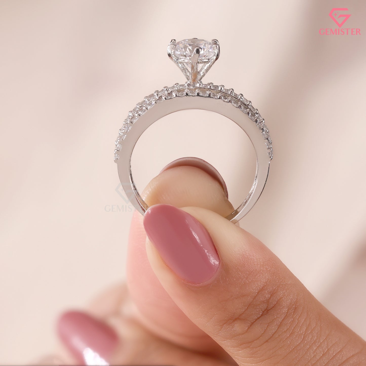 Round Brilliant Cut Diamond Triple Row Statement Ring in 14K White Gold | 3-Band Anniversary Ring for Women