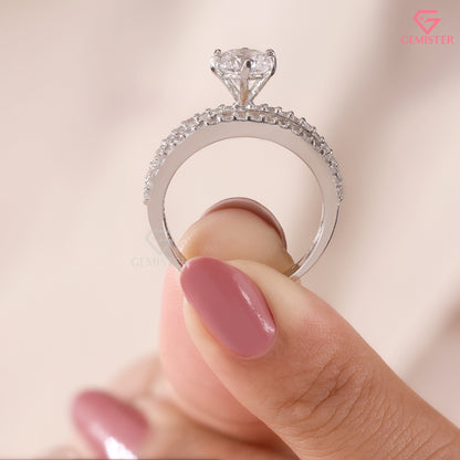 Round Brilliant Cut Diamond Triple Row Statement Ring in 14K White Gold | 3-Band Anniversary Ring for Women