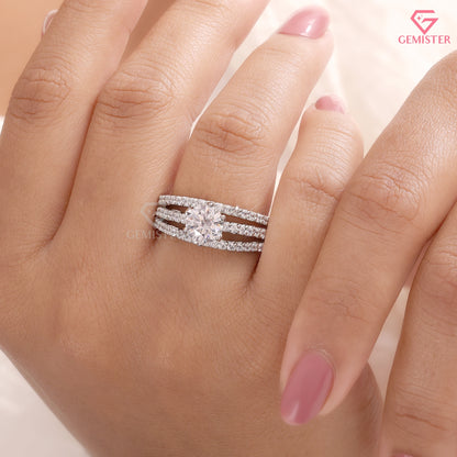 Round Brilliant Cut Diamond Triple Row Statement Ring in 14K White Gold | 3-Band Anniversary Ring for Women