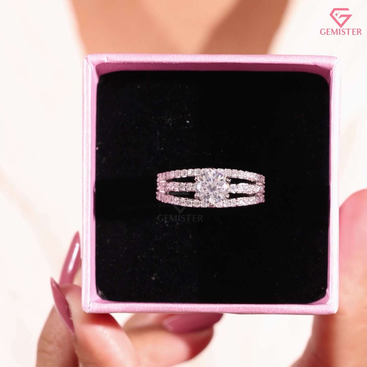 Round Brilliant Cut Diamond Triple Row Statement Ring in 14K White Gold | 3-Band Anniversary Ring for Women