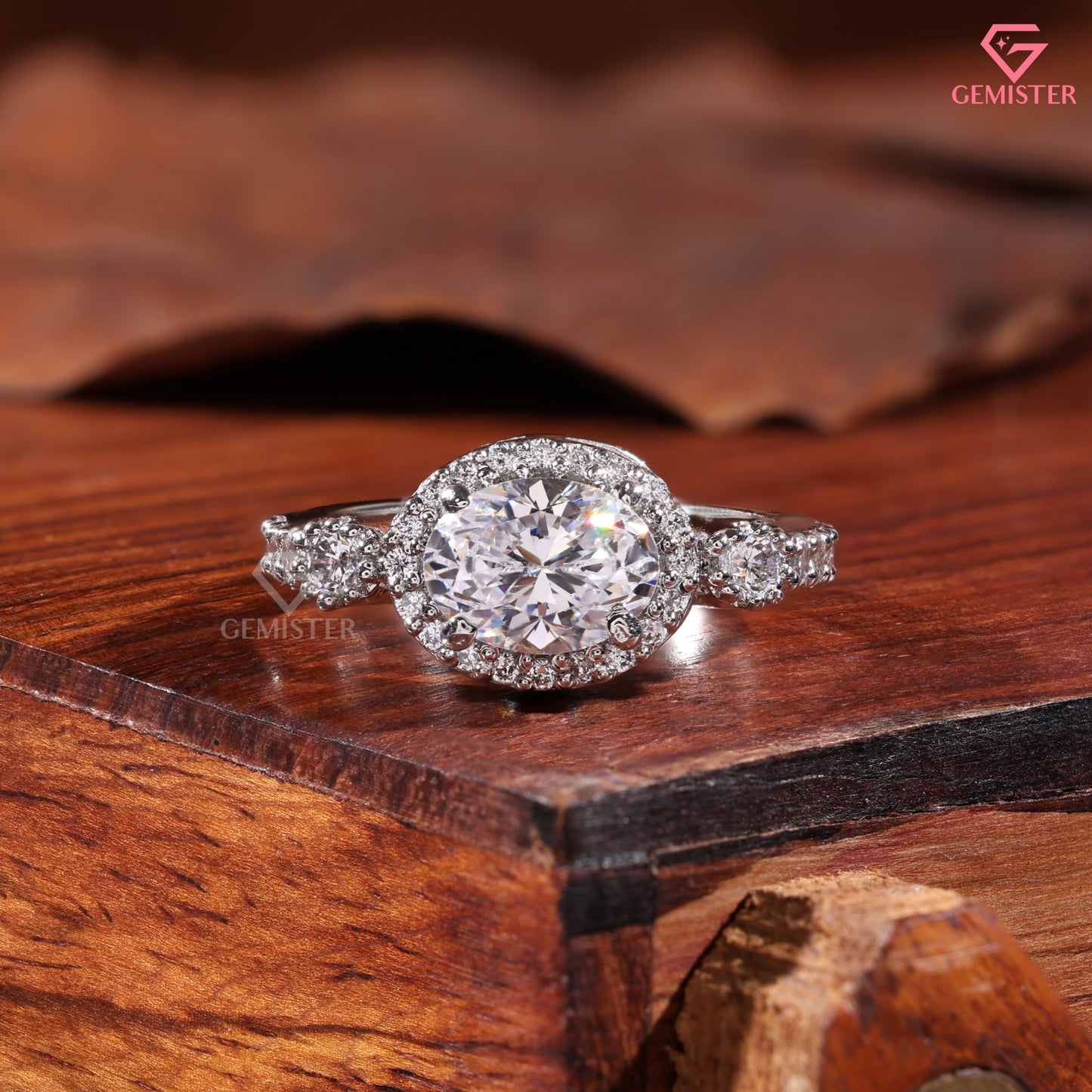 Horizontal Oval Lab-Created Diamond Engagement Ring 14K White Gold Vintage Halo