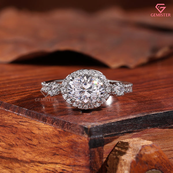 Horizontal Oval Lab-Created Diamond Engagement Ring 14K White Gold Vintage Halo