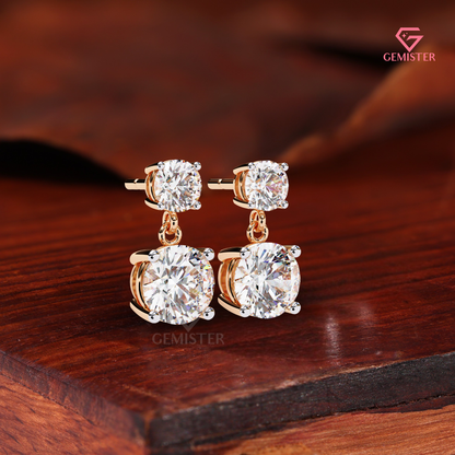 Double-Stone Round Moissanite Drop Earrings | Two-Tone 14K Gold