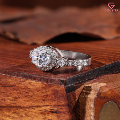 Horizontal Oval Lab-Created Diamond Engagement Ring 14K White Gold Vintage Halo