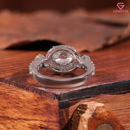 Horizontal Oval Lab-Created Diamond Engagement Ring 14K White Gold Vintage Halo