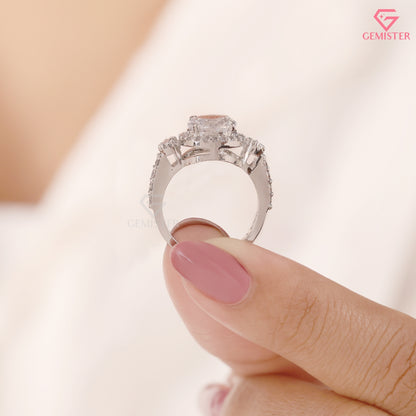 Horizontal Oval Lab-Created Diamond Engagement Ring 14K White Gold Vintage Halo