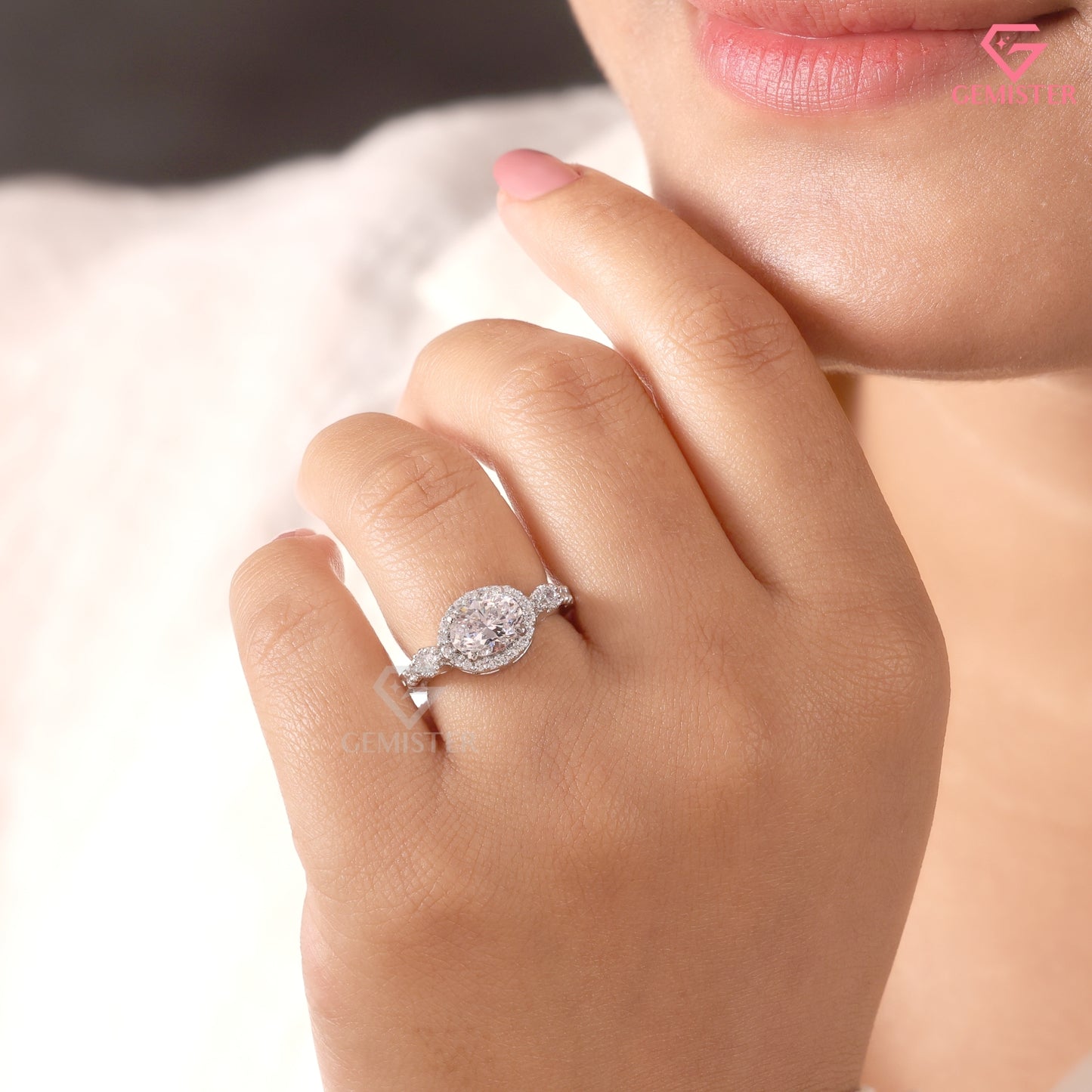 Horizontal Oval Lab-Created Diamond Engagement Ring 14K White Gold Vintage Halo