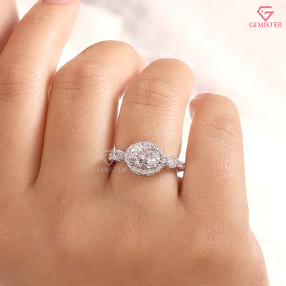 Horizontal Oval Lab-Created Diamond Engagement Ring 14K White Gold Vintage Halo