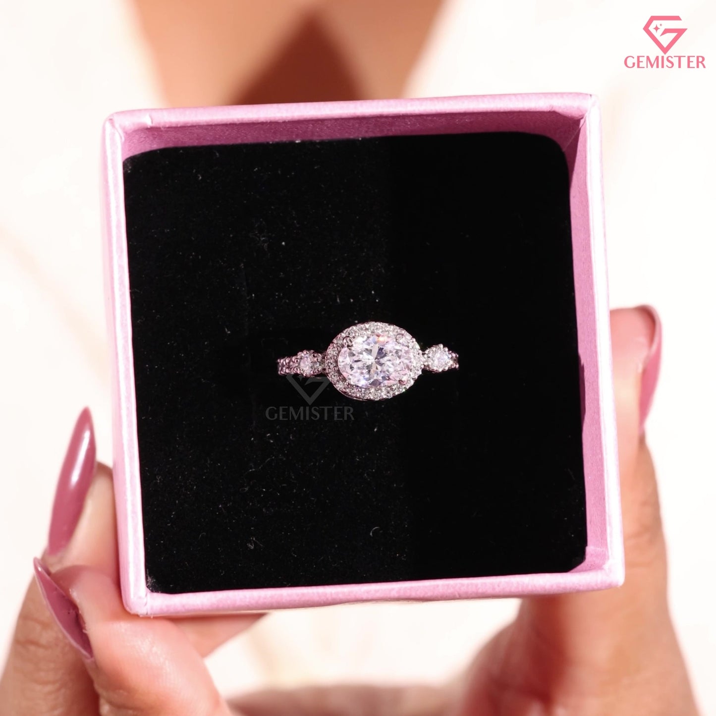 Horizontal Oval Lab-Created Diamond Engagement Ring 14K White Gold Vintage Halo