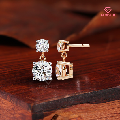 Double-Stone Round Moissanite Drop Earrings | Two-Tone 14K Gold