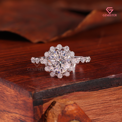 Vintage Floral Halo Engagement Ring with Round Brilliant Center & Bubble Accent Band - Lab Created Diamond in 14K White Gold
