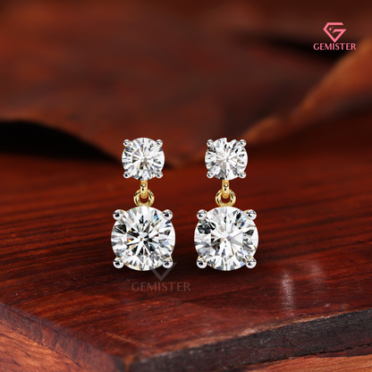Double-Stone Round Moissanite Drop Earrings | Two-Tone 14K Gold
