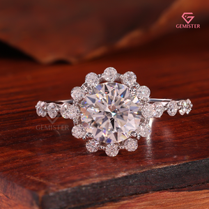 Vintage Floral Halo Engagement Ring with Round Brilliant Center & Bubble Accent Band - Moissanite in 14K White Gold