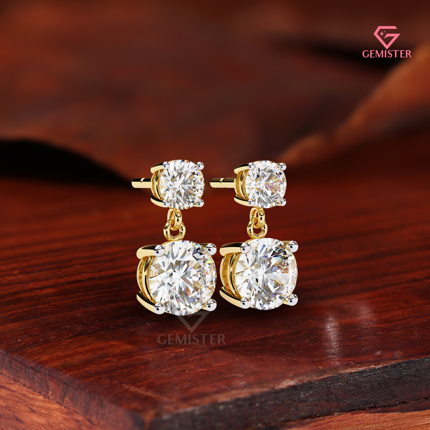 Double-Stone Round Moissanite Drop Earrings | Two-Tone 14K Gold