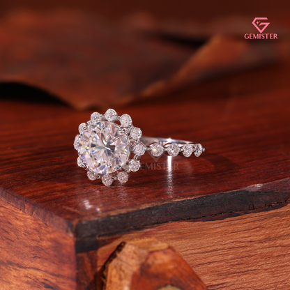 Vintage Floral Halo Engagement Ring with Round Brilliant Center & Bubble Accent Band - Lab Created Diamond in 14K White Gold