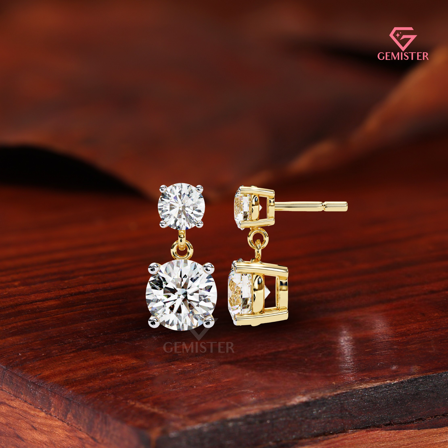 Double-Stone Round Moissanite Drop Earrings | Two-Tone 14K Gold