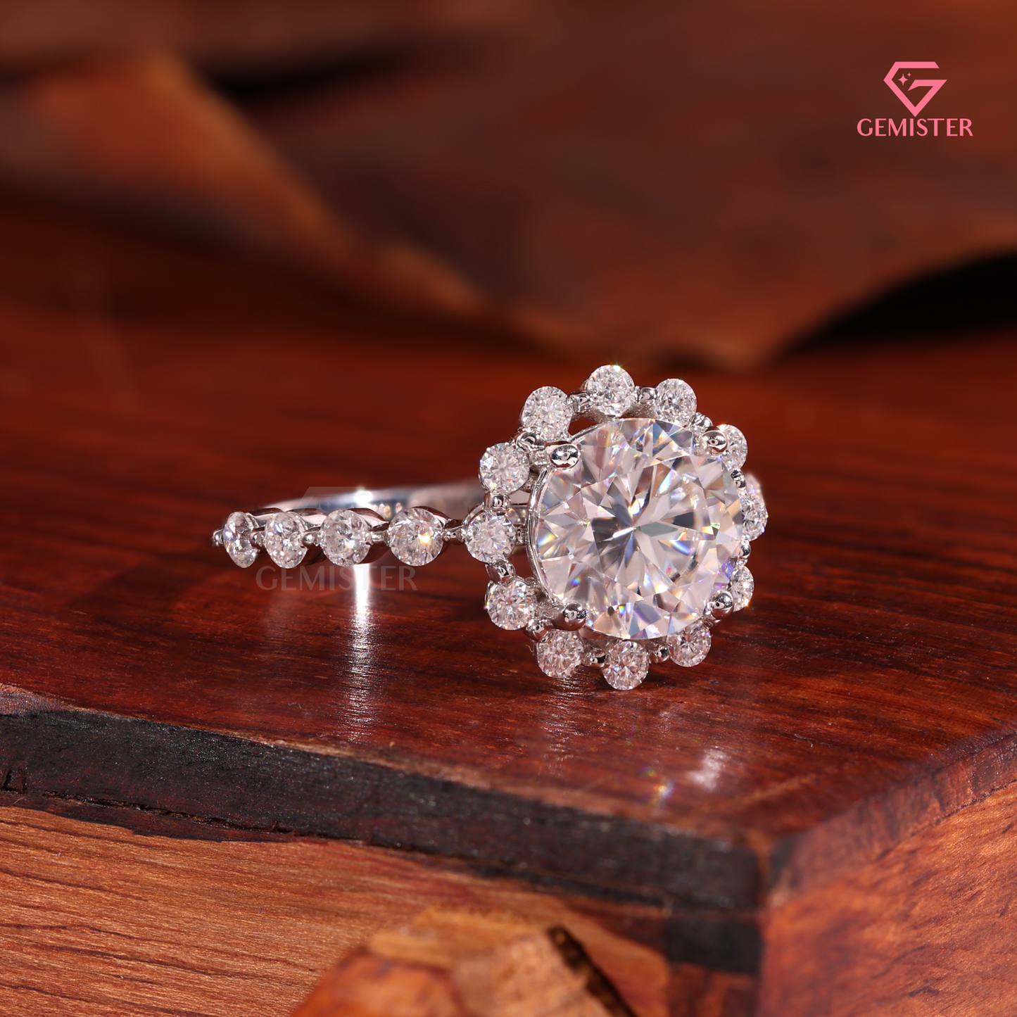 Vintage Floral Halo Engagement Ring with Round Brilliant Center & Bubble Accent Band - Lab Created Diamond in 14K White Gold