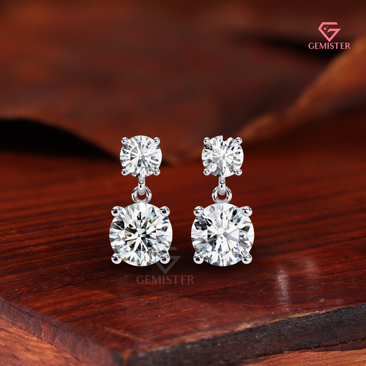 Double-Stone Round Moissanite Drop Earrings | Two-Tone 14K Gold