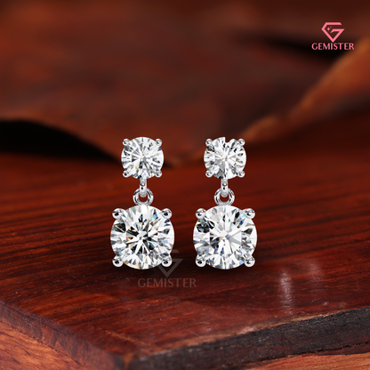 Double-Stone Round Moissanite Drop Earrings | Two-Tone 14K Gold