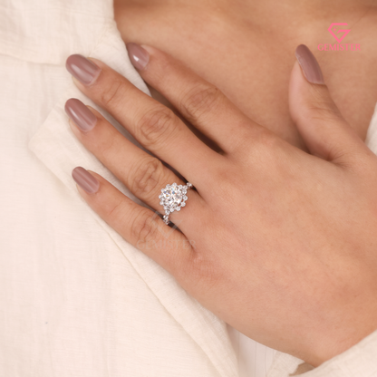 Vintage Floral Halo Engagement Ring with Round Brilliant Center & Bubble Accent Band - Lab Created Diamond in 14K White Gold