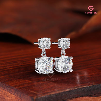 Double-Stone Round Moissanite Drop Earrings | Two-Tone 14K Gold