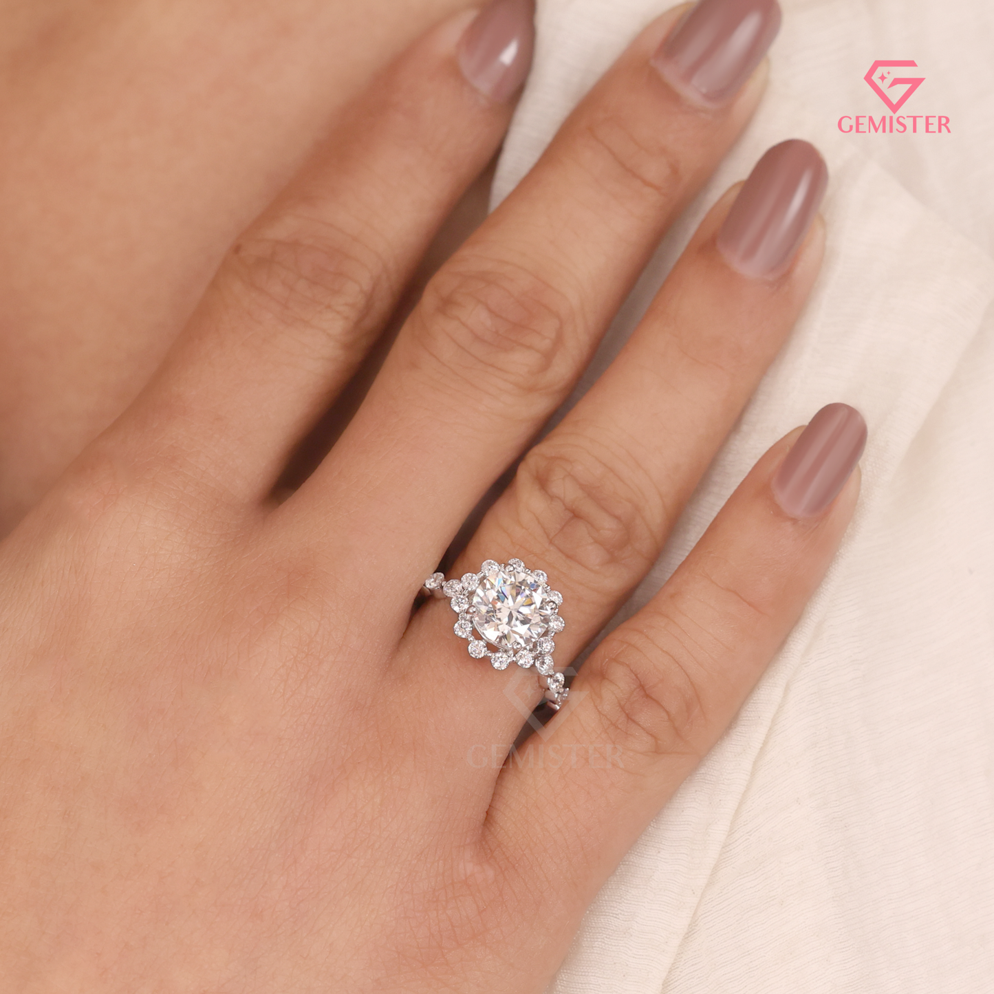 Vintage Floral Halo Engagement Ring with Round Brilliant Center & Bubble Accent Band - Lab Created Diamond in 14K White Gold