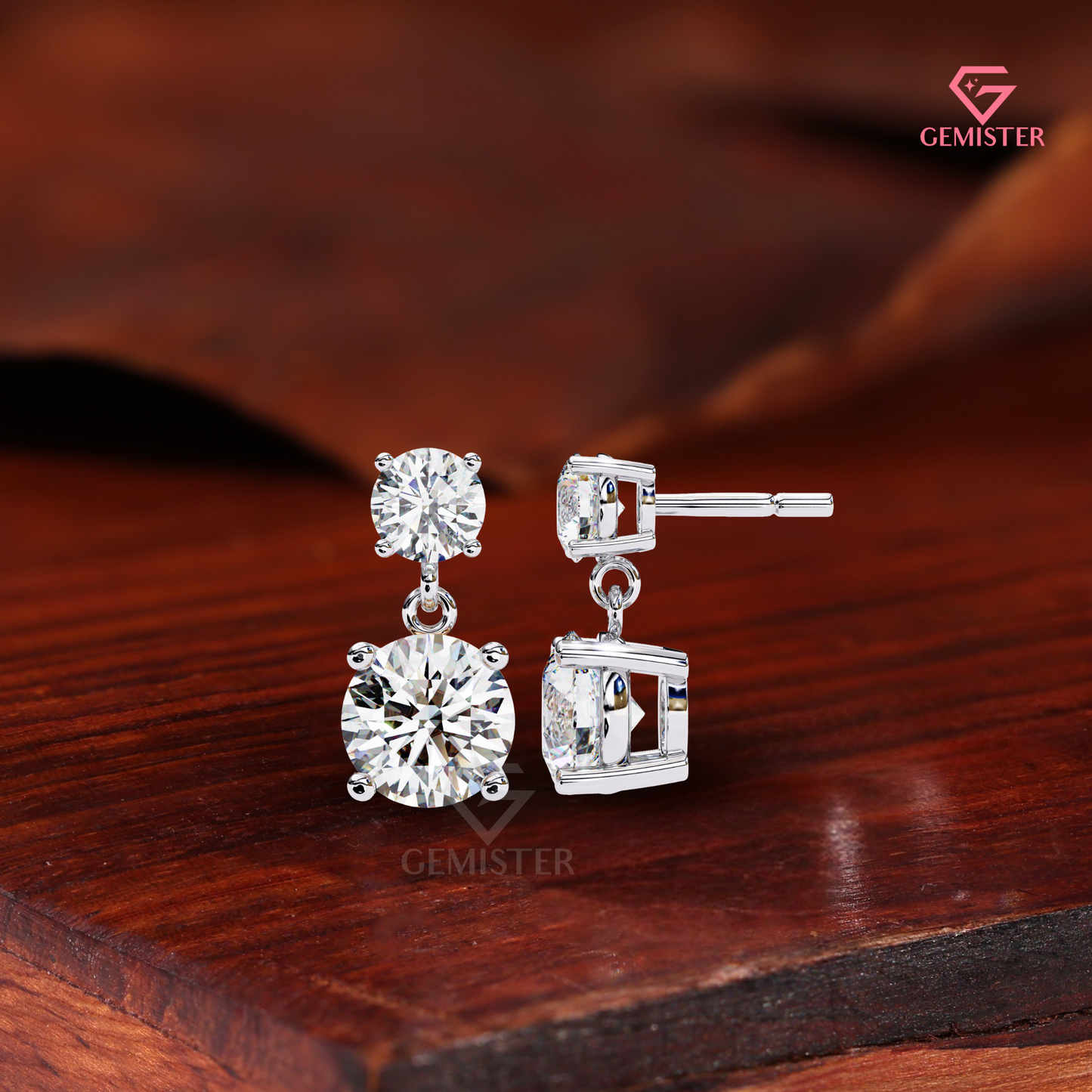 Double-Stone Round Moissanite Drop Earrings | Two-Tone 14K Gold