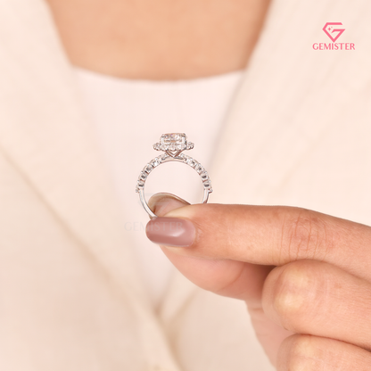 Vintage Floral Halo Engagement Ring with Round Brilliant Center & Bubble Accent Band - Lab Created Diamond in 14K White Gold