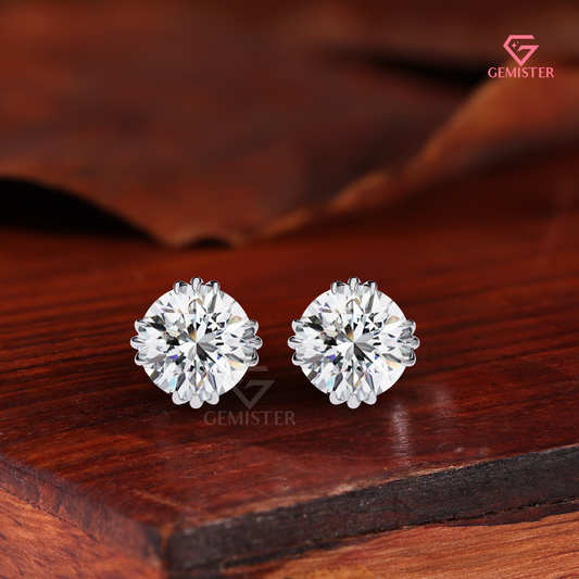 Round-Cut Moissanite Triple-Prong Compass Studs | 14K White Gold