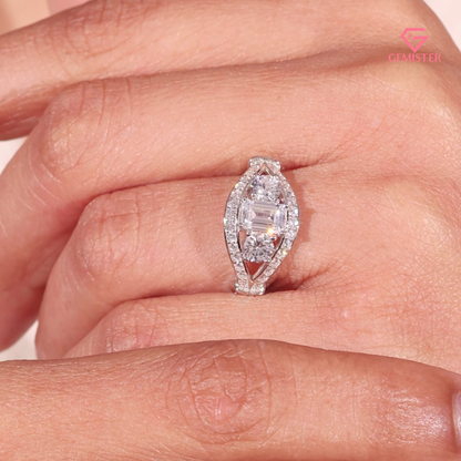 Vintage-Inspired 3-Stone Emerald Lab Grown Diamond Cut Diamond Halo Ring in 14K White Gold