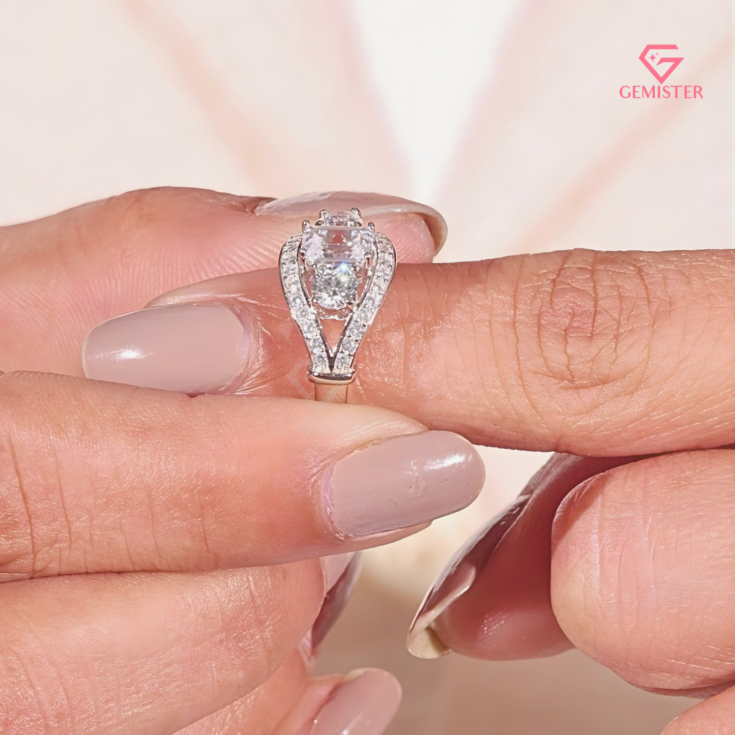 Vintage-Inspired 3-Stone Emerald Lab Grown Diamond Cut Diamond Halo Ring in 14K White Gold