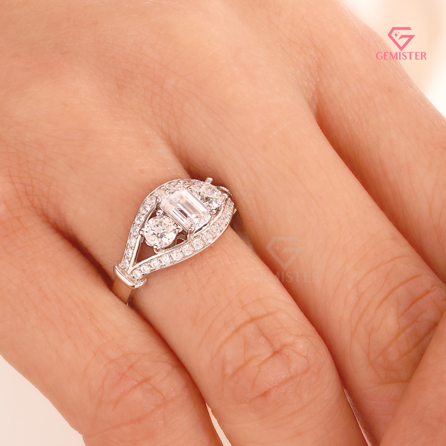 Vintage-Inspired 3-Stone Emerald Lab Grown Diamond Cut Diamond Halo Ring in 14K White Gold