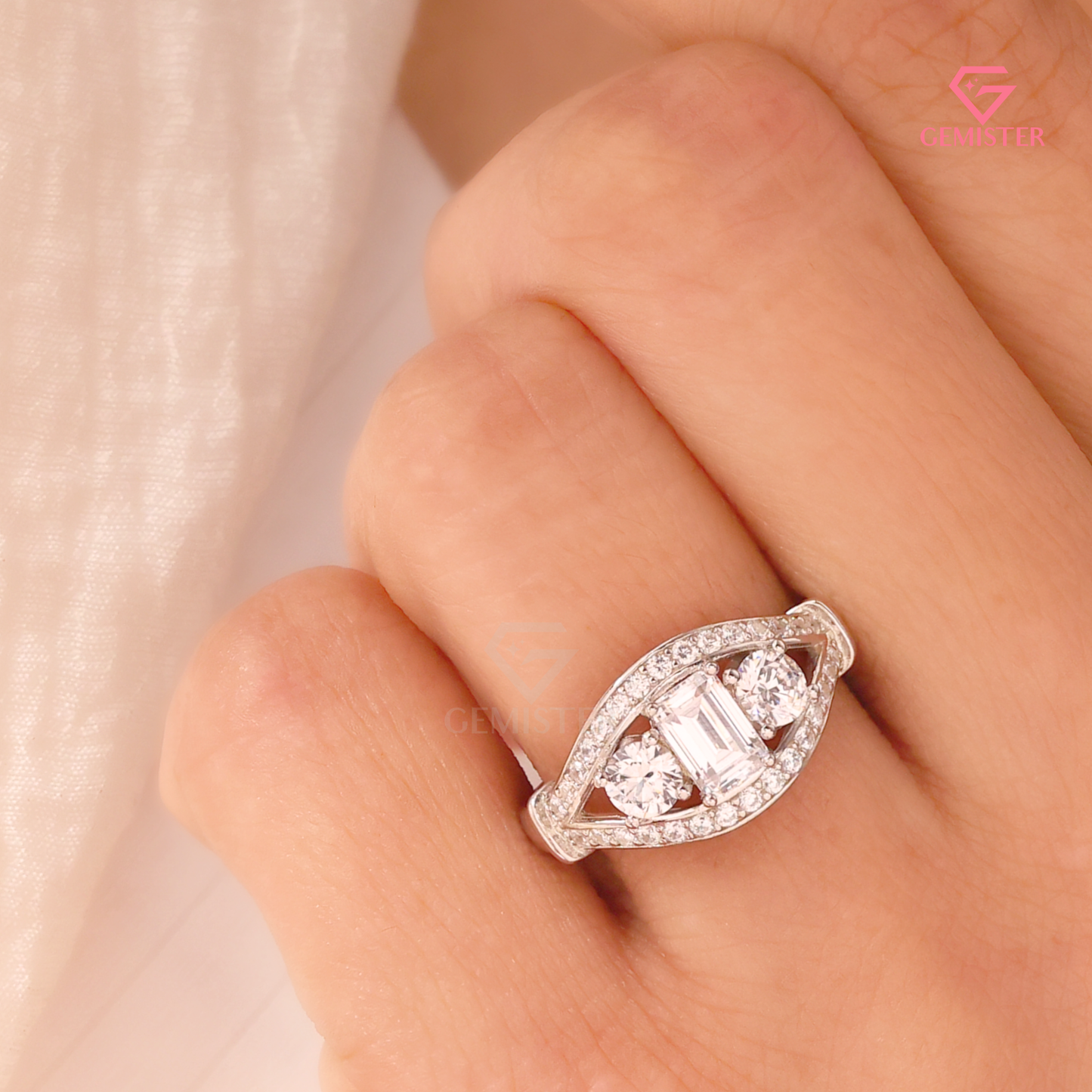 Vintage-Inspired 3-Stone Emerald Lab Grown Diamond Cut Diamond Halo Ring in 14K White Gold