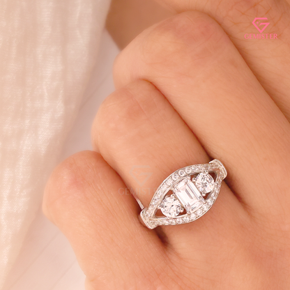 Vintage-Inspired 3-Stone Emerald Lab Grown Diamond Cut Diamond Halo Ring in 14K White Gold
