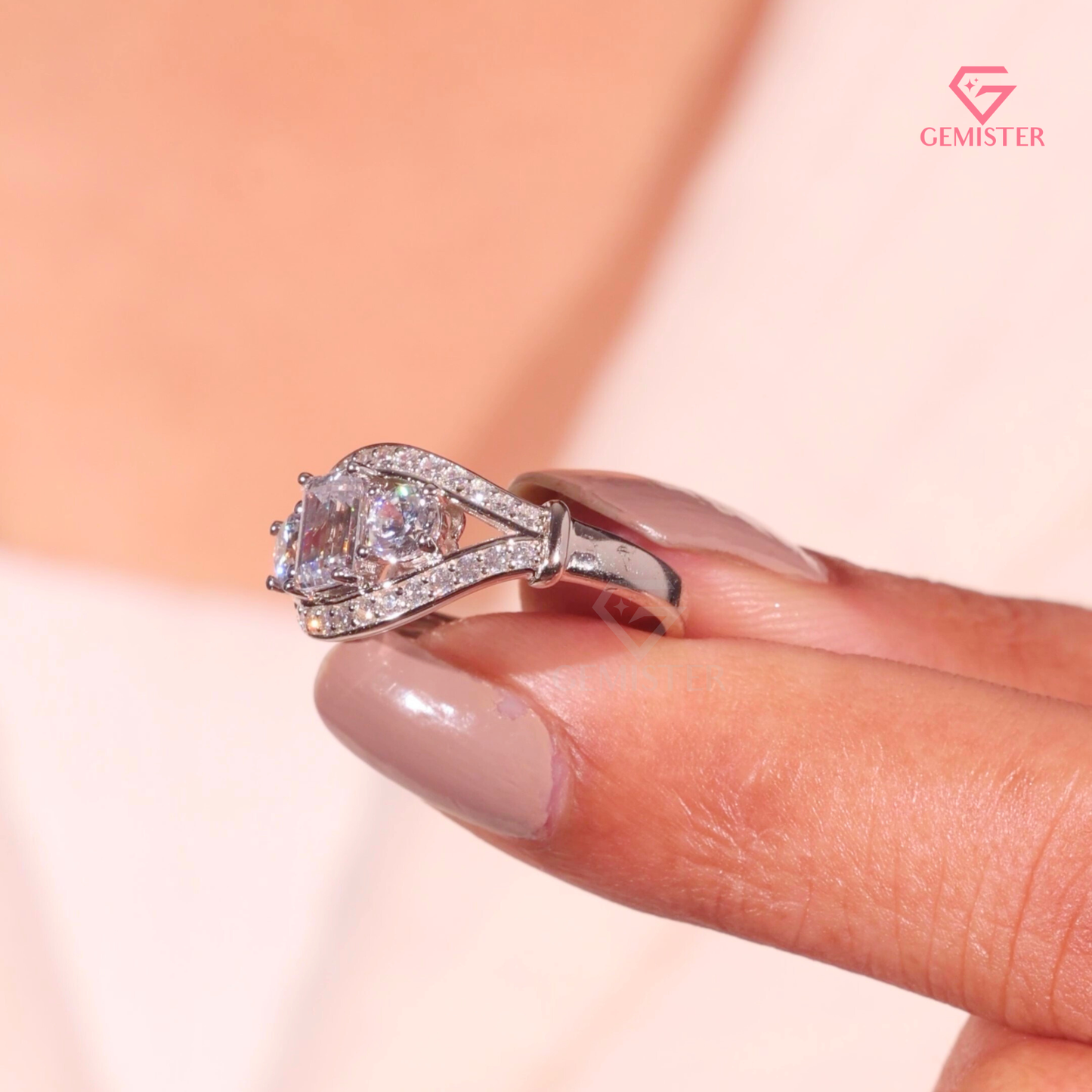Vintage-Inspired 3-Stone Emerald Lab Grown Diamond Cut Diamond Halo Ring in 14K White Gold