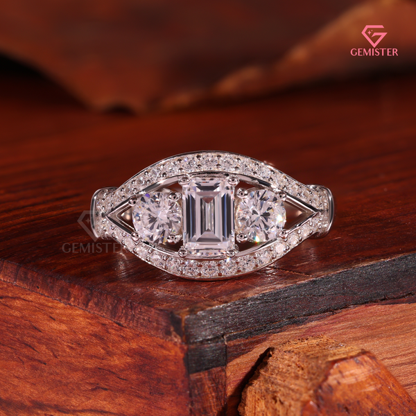 Vintage-Inspired 3-Stone Emerald Lab Grown Diamond Cut Diamond Halo Ring in 14K White Gold