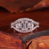 Vintage-Inspired 3-Stone Emerald Lab Grown Diamond Cut Diamond Halo Ring in 14K White Gold