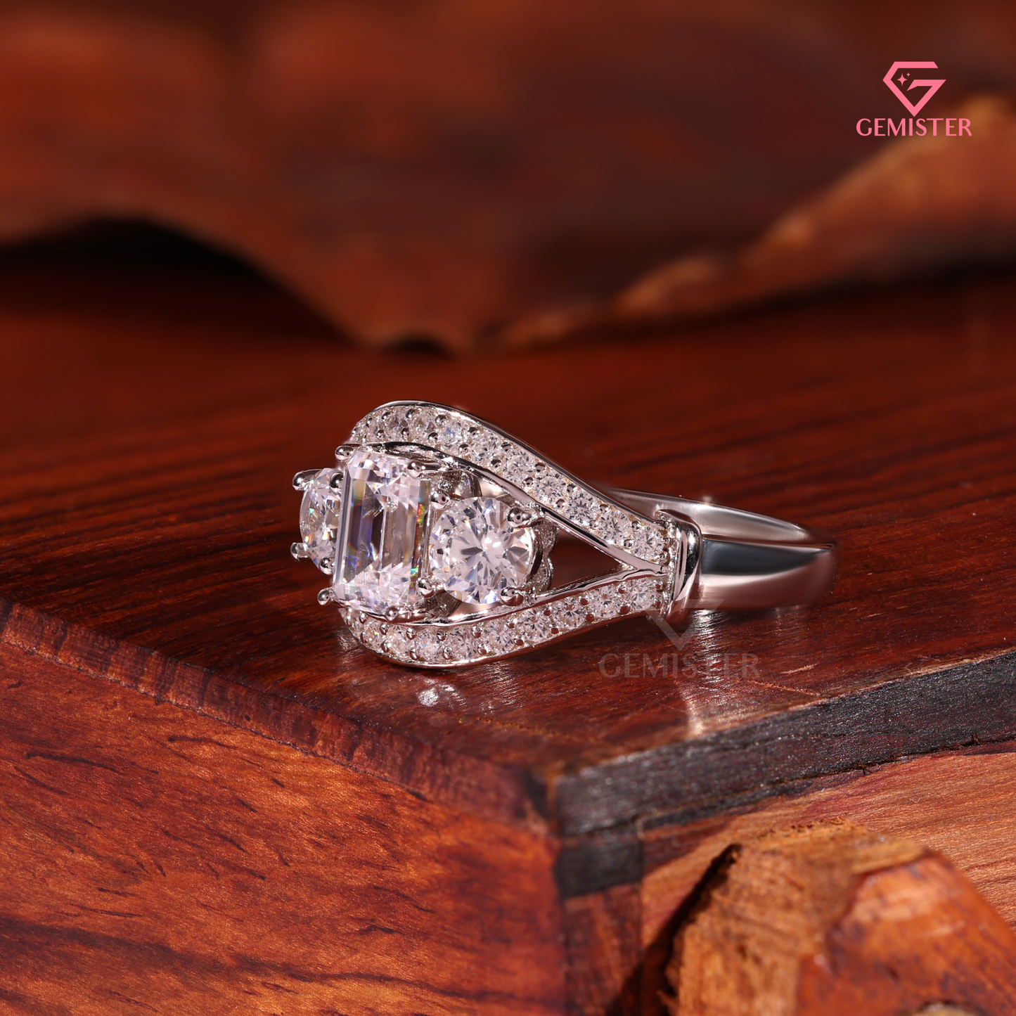 Vintage-Inspired 3-Stone Emerald Lab Grown Diamond Cut Diamond Halo Ring in 14K White Gold