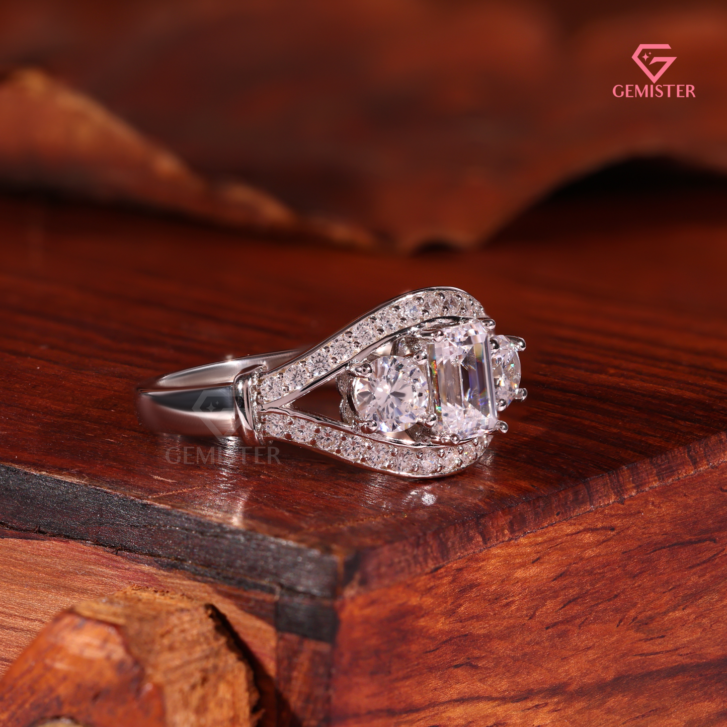 Vintage-Inspired 3-Stone Emerald Lab Grown Diamond Cut Diamond Halo Ring in 14K White Gold