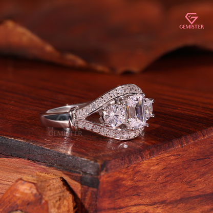 Vintage-Inspired 3-Stone Emerald Lab Grown Diamond Cut Diamond Halo Ring in 14K White Gold