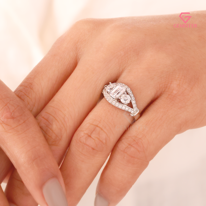 Vintage-Inspired 3-Stone Emerald Lab Grown Diamond Cut Diamond Halo Ring in 14K White Gold