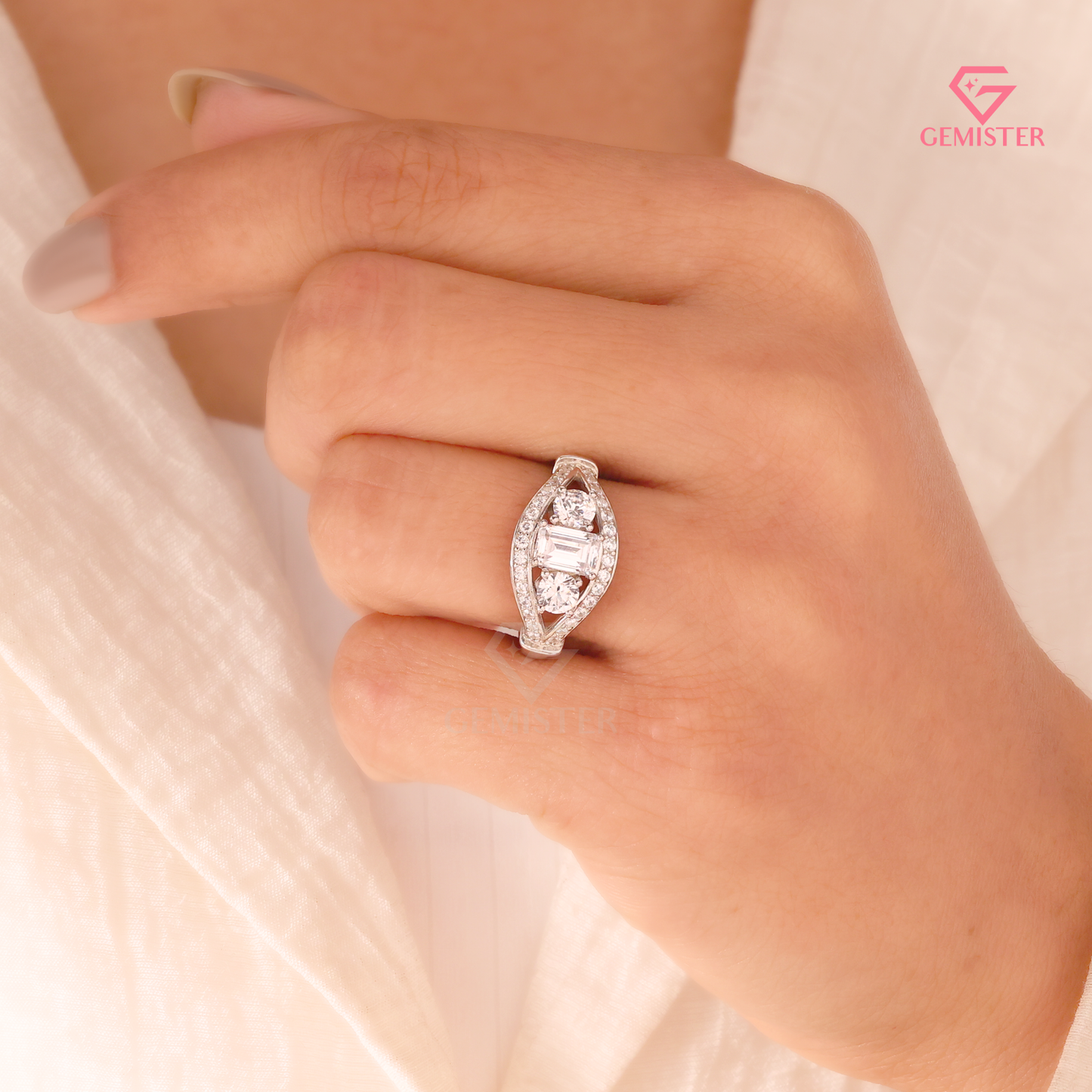 Vintage-Inspired 3-Stone Emerald Lab Grown Diamond Cut Diamond Halo Ring in 14K White Gold