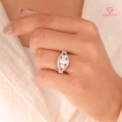 Vintage-Inspired 3-Stone Emerald Lab Grown Diamond Cut Diamond Halo Ring in 14K White Gold