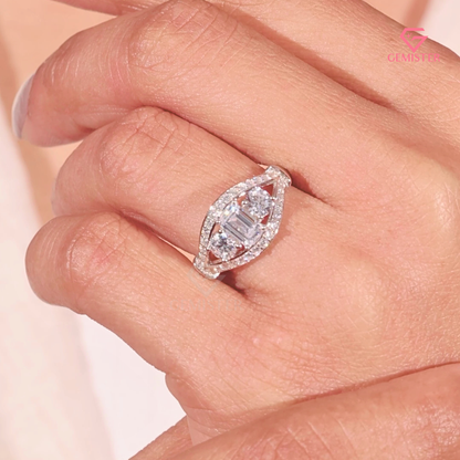 Vintage-Inspired 3-Stone Emerald Lab Grown Diamond Cut Diamond Halo Ring in 14K White Gold