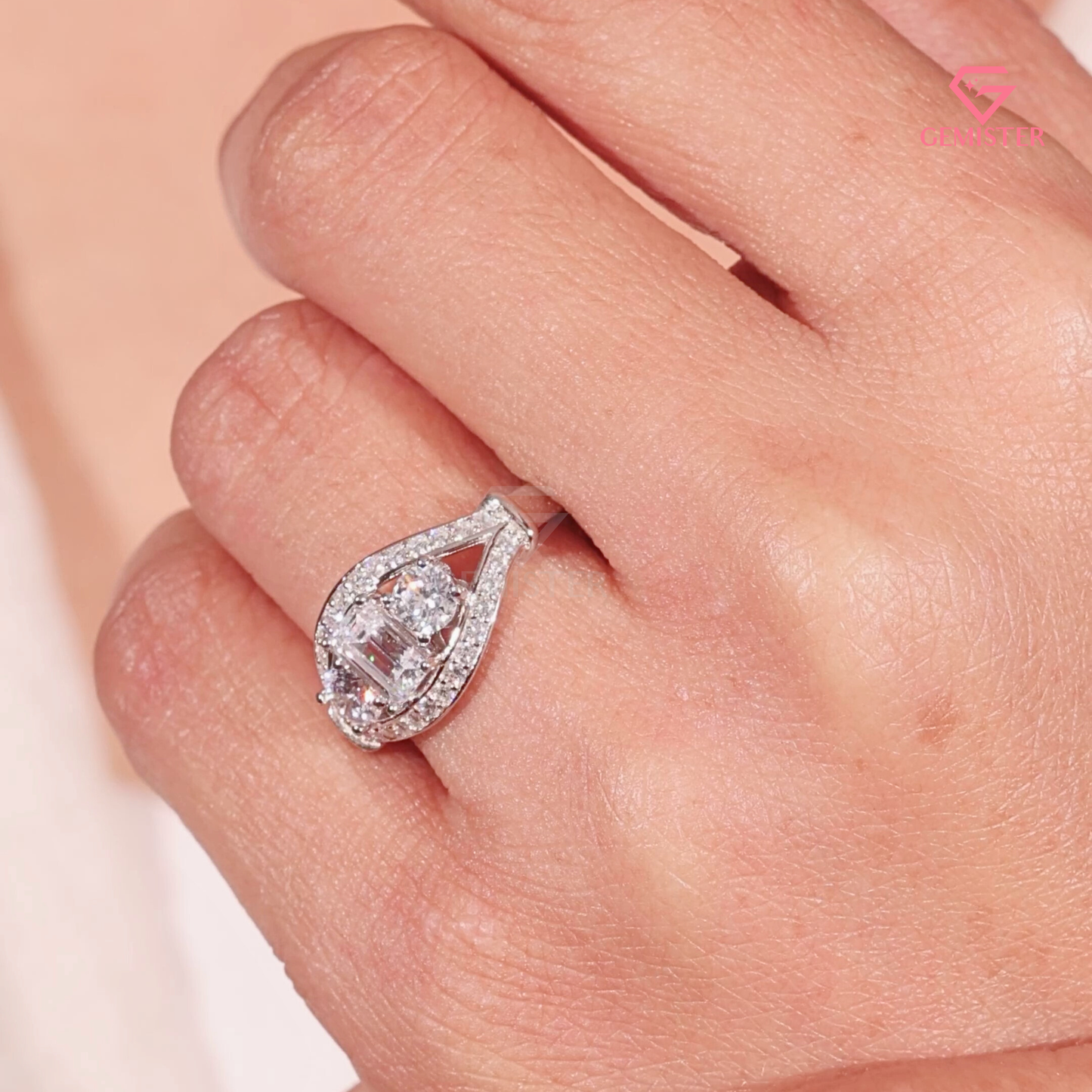 Vintage-Inspired 3-Stone Emerald Lab Grown Diamond Cut Diamond Halo Ring in 14K White Gold